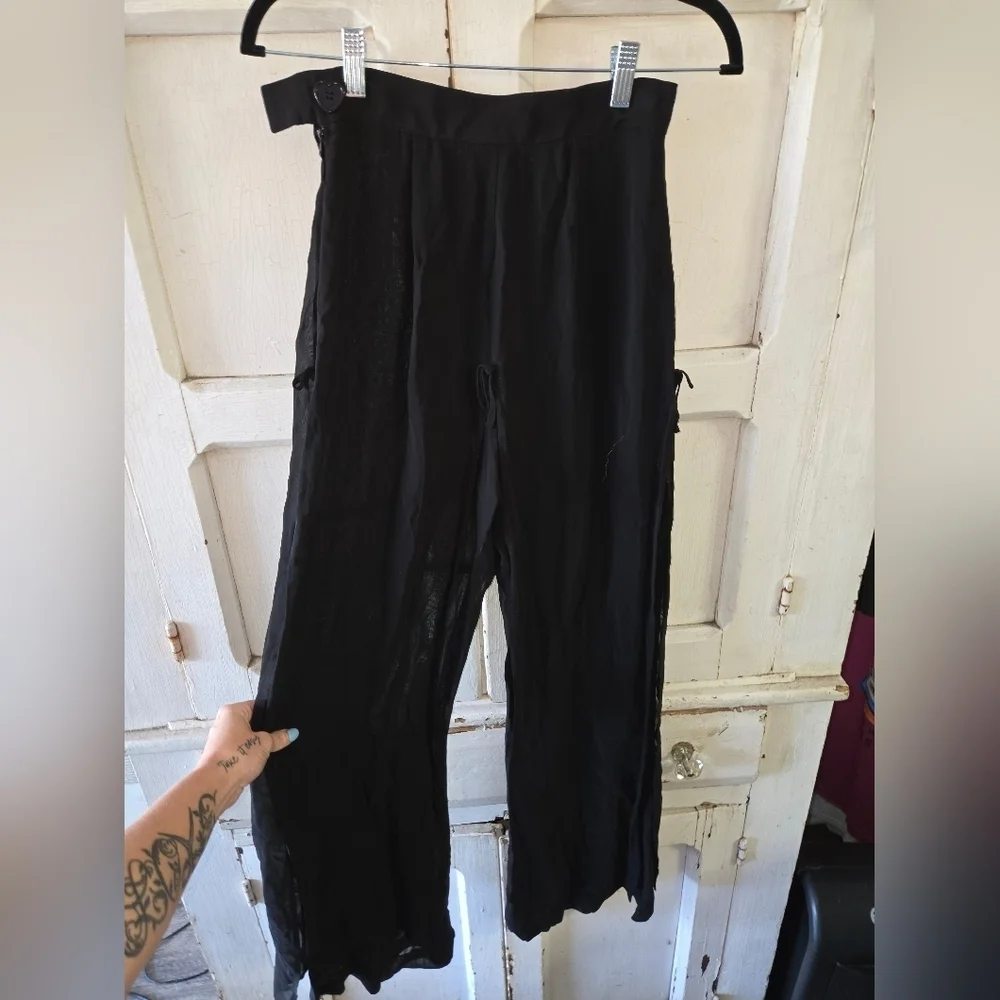 Sheer Black Swim Coverup Pants Cute Ties Down The Side Flowy Vacation Whimsygoth